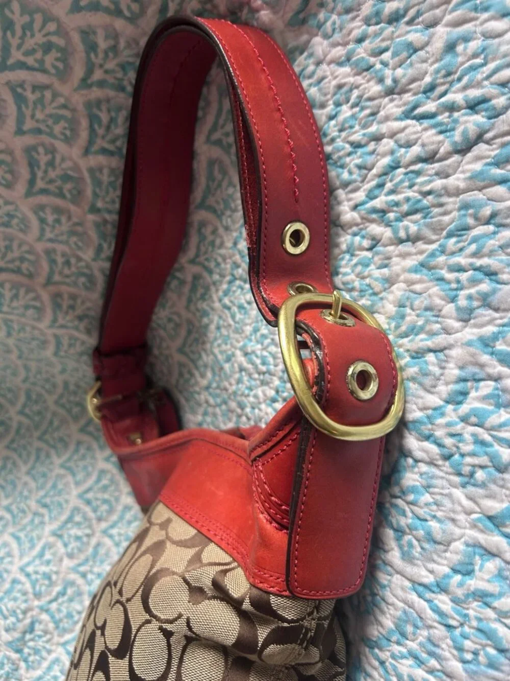 Coach Signature Duffle Hobo Shoulder Bag Khaki Canvas Red Leather Style 11437